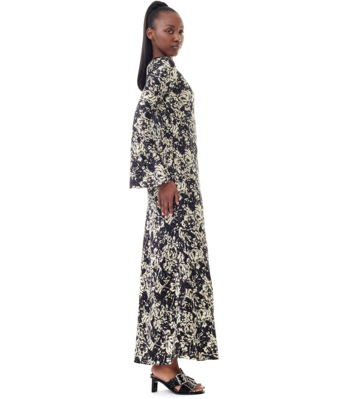 ganni floral satin maxi dress Ganni Open-Back Floral-Print Satin Maxi Dress in White