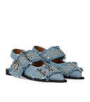 Zapato plano de ballet slingback de mezclilla de mezclilla desvaída con hebillas
