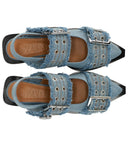 Zapato plano de ballet slingback de mezclilla de mezclilla desvaída con hebillas
