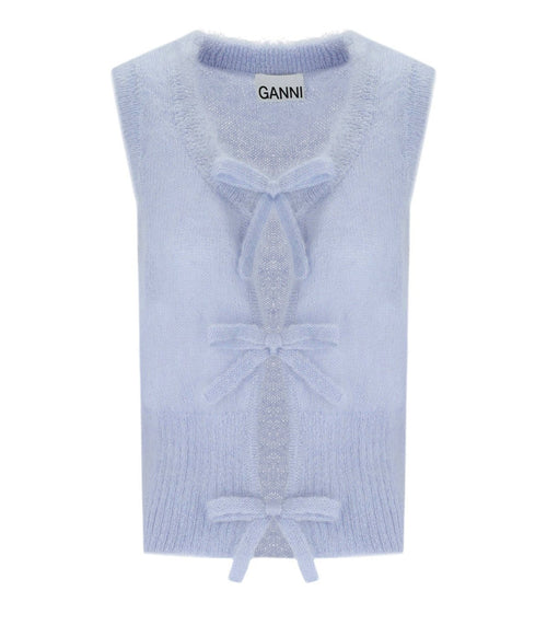 Ganni Heather Blue Sleeveless Cardigan With Bows