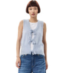 Ganni Heather Blue Sleeveless Cardigan With Bows