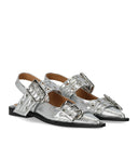 Ganni Silver Slingback Ballet Flat Shoe With Buckles