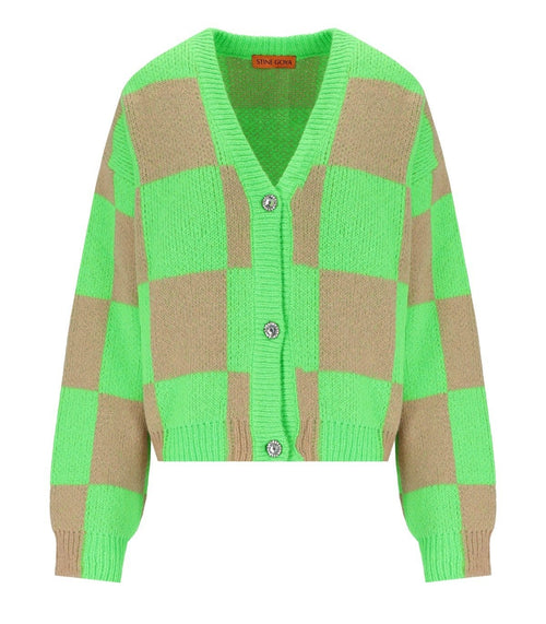 Stine Goya Amara Green And Beige Checkered Cardigan
