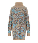 Twinset Jacquard Hearts And Leafs Beige Turtleneck Maxi Jumper