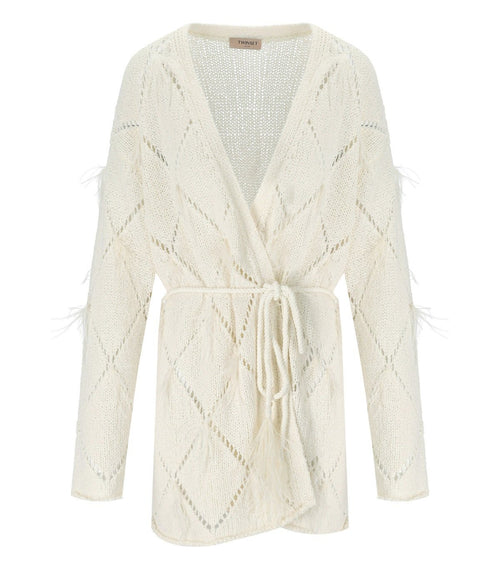 Twinset Off White Cardigan With Feathers