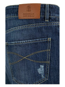 Brunello Cucinelli Five Pocket Leisure Fit Trousers In Old Denim With Rips