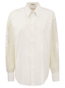 Brunello Cucinelli Stretch Cotton Poplin Shirt With Crispy Silk Broderie Anglaise Sleeve