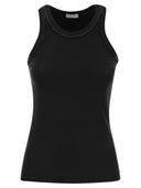 Brunello Cucinelli Stretch Cotton Ribbed Jersey Top With Satin Trims