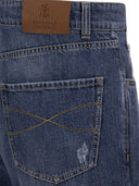 Brunello Cucinelli Five Pocket Leisure Fit Trousers In Old Denim With Rips