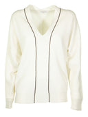 Brunello Cucinelli White V Neck Sweater Cashmere Sweater With Monili