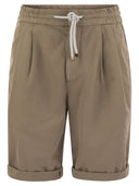 Brunello Cucinelli Bermuda Shorts In Garment Dyed Cotton Gabardine With Drawstring And Double Darts