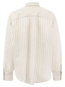 Brunello Cucinelli Sparkling Stripe Cotton Silk Poplin Shirt With Necklace
