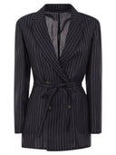 Brunello Cucinelli Sparkling Stripe Cotton Gauze Jacket With Belt And Necklace