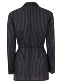Brunello Cucinelli Sparkling Stripe Cotton Gauze Jacket With Belt And Necklace